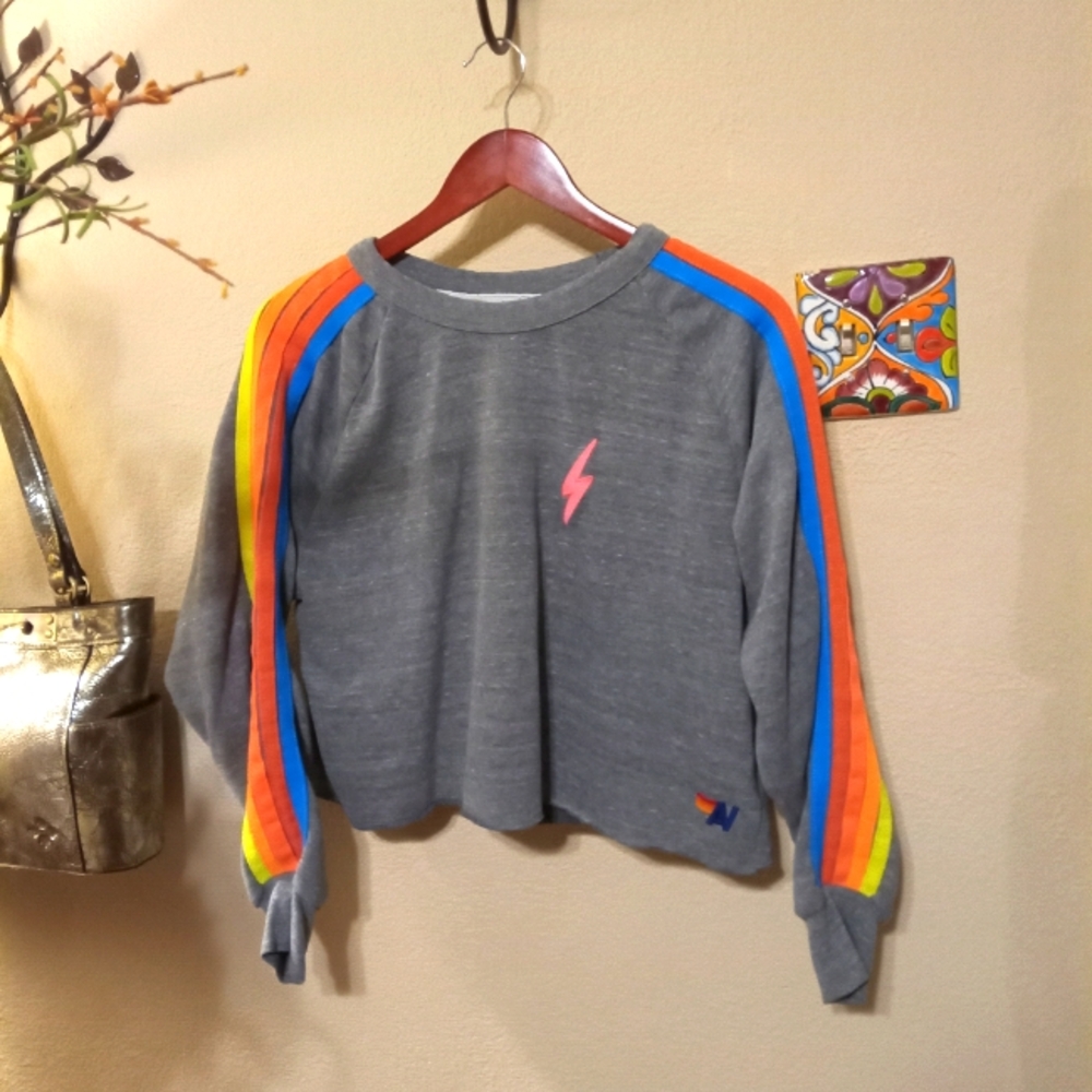 Aviator Nation Bolt Cropped Classic Sweatshirt in Heather Grey & Neon Rainbow